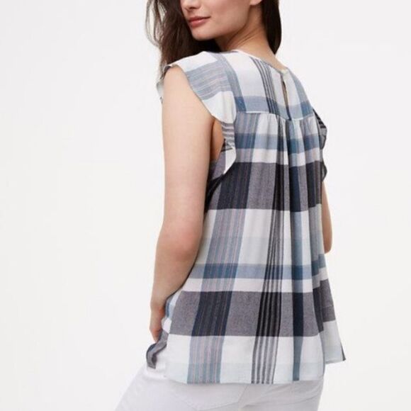 Loft Blue Plaid Rayon Sleeveless Ruffle Blouse - Picture 2 of 16